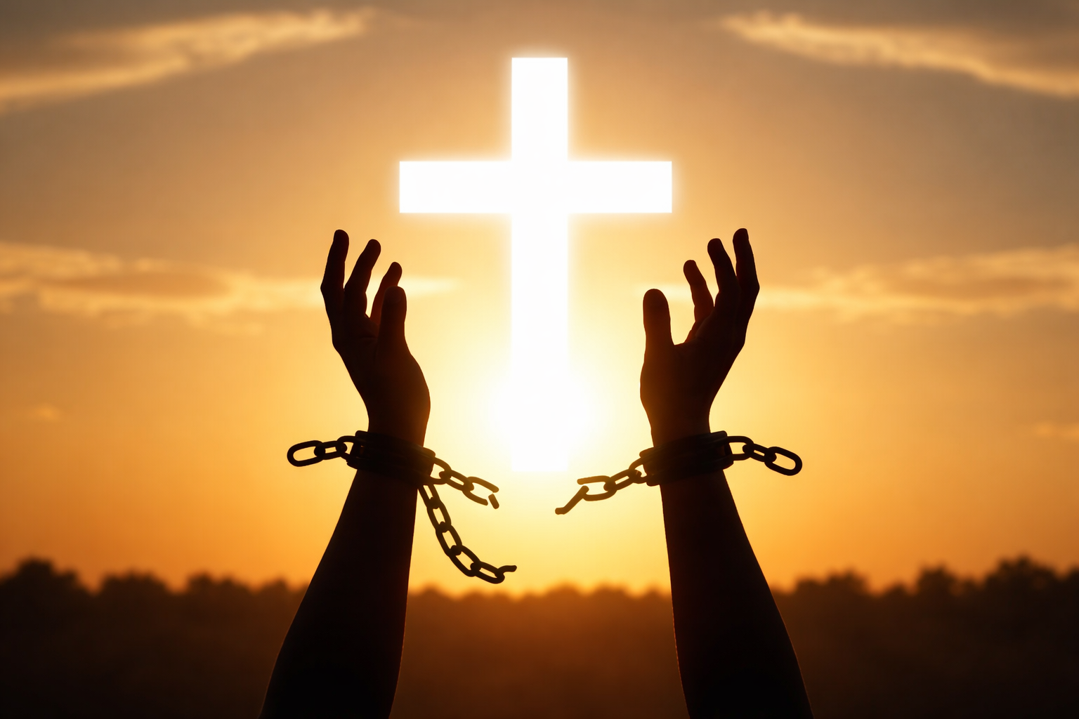 Raised hands with broken chains silhouetted against a cross at sunset